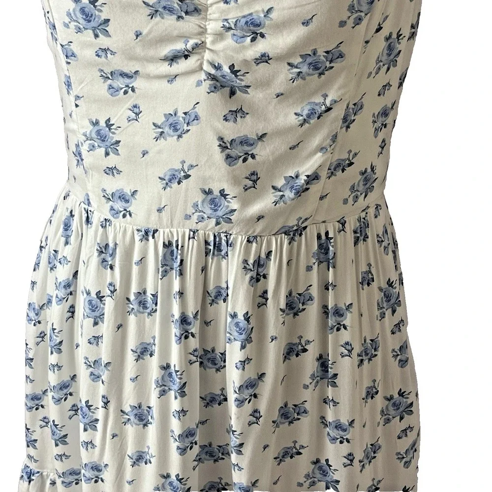 Blue Floral Babydoll Mini Dress Women's M Tiered Ditsy Cottagecore - Picture 6 of 9